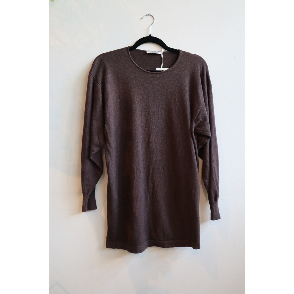 Jennifer Tyler Cashmere Silk Blend Sweater Brown Crew Neck Long Sleeve Tunic